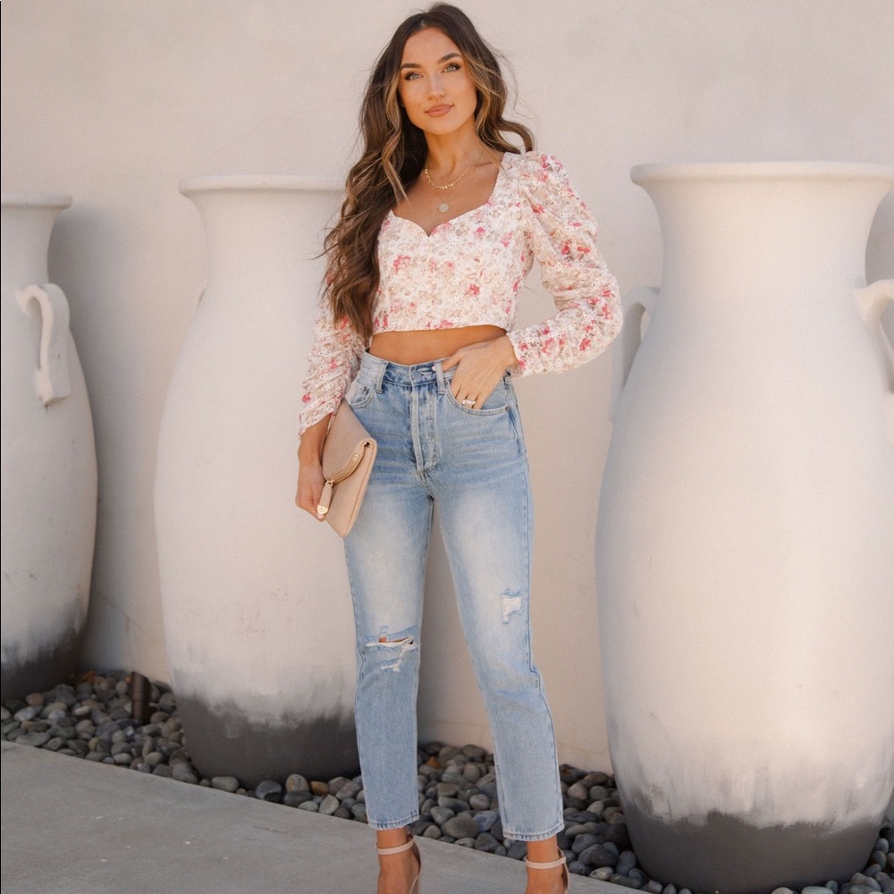 Swanson Floral Eyelet Smocked Crop Top- vici